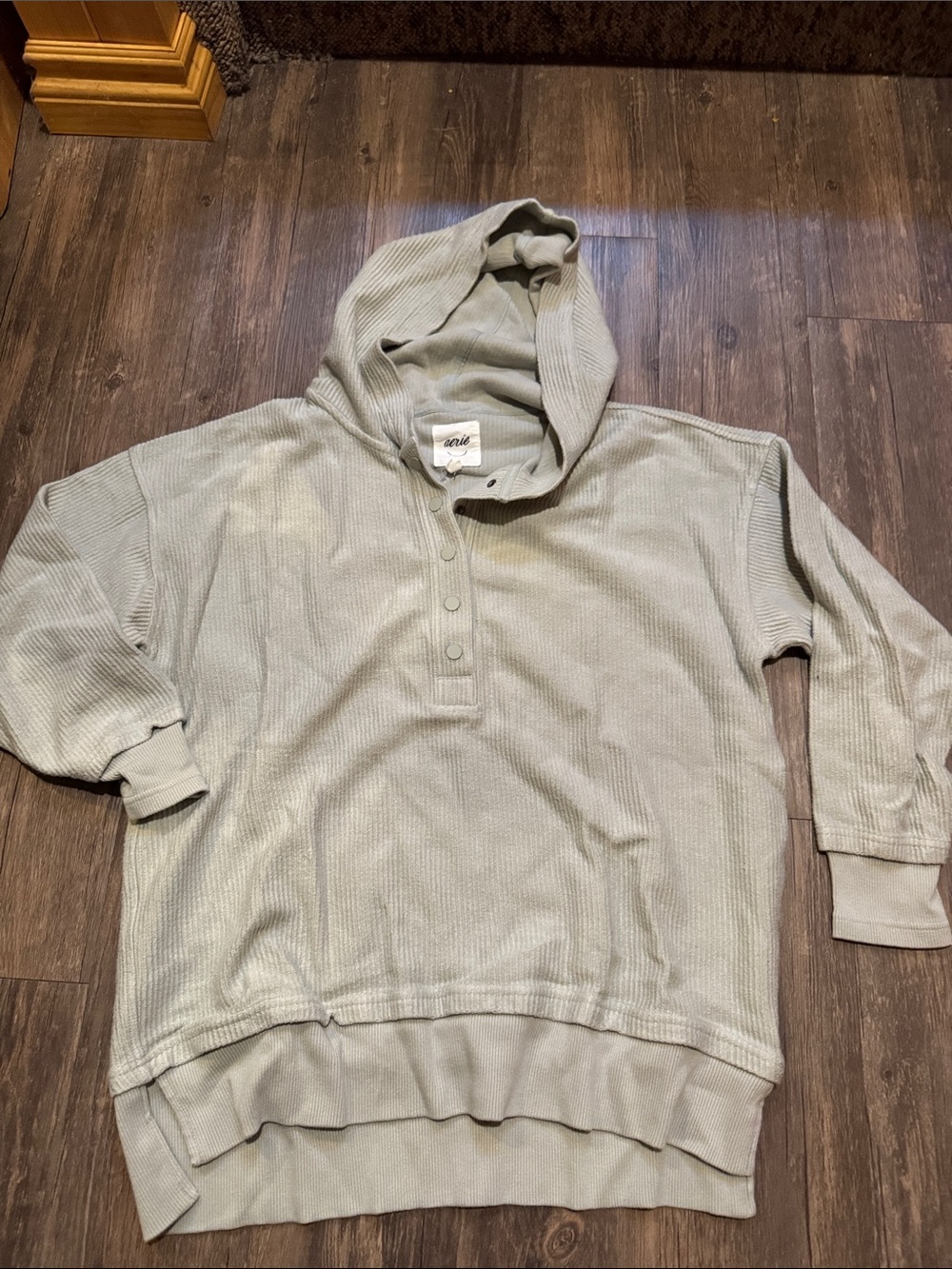 Aerie Light Sage Green Hooded Waffle Knit Sweater Size XS generous cut